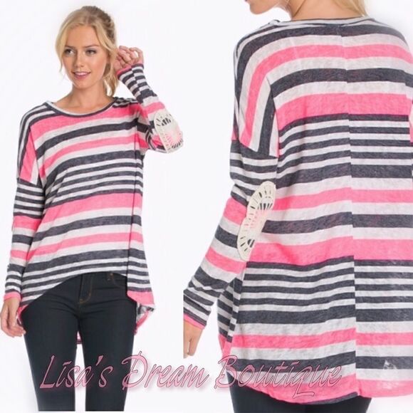 Pink White Gray High Low Striped Crochet Elbow Long Sleeve Top - Picture 1 of 3